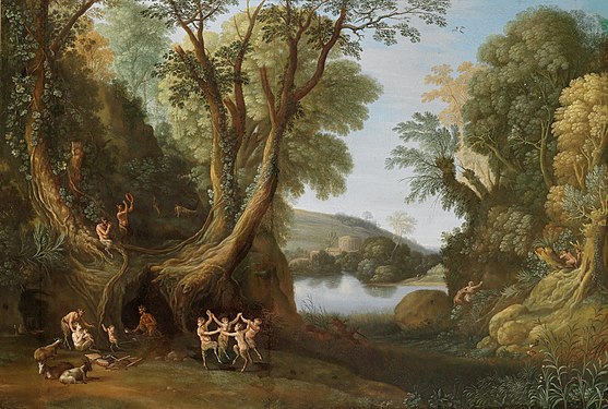 Fauns in a wooded landscape. The second version of a composition by Bril from 1620 now in the City Art Gallery in Bradford. The figures have been attributed to Pietro Paolo Bonzi (c. 1575–1636)