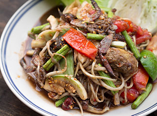 <span class="mw-page-title-main">Green papaya salad</span> Spicy salad made from unripe papaya