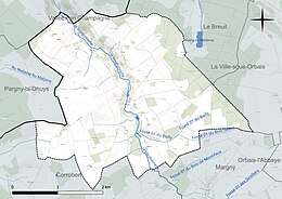 Carte en couleur présentant le réseau hydrographique de la commune