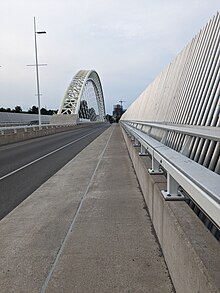 Guard rails installed on the bridge as a physical barrier to prevent suicide attempts Burgoyne Bridge guardrails.jpg