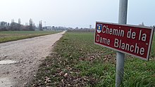 Chemin de la Dame Blanche with the ruins of the castle to the left behind the trees CheminDeLaDameBlanche Rouelbeau-Meinier-Geneva RomanDeclert20210206.jpg