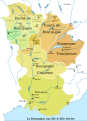 La Bourgogne aux XIe et XIIe siècles. Les quatre Bourgognes :- le duché de Bourgogne- le comté de Bourgogne- la Bourgogne transjurane- la Bourgogne cisjurane avec la Provence.