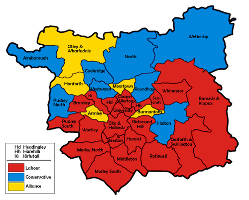 Map of the results for the 1986 Leeds council election. Leeds1986.png