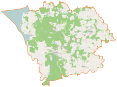 Mapa konturowa powiatu goleniowskiego, blisko centrum na dole znajduje się punkt z opisem „Kościół św. Katarzyny w Goleniowie”