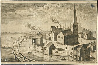 Riddarholmen med Riddarholmskyrkan och Gråbrödraklostret, efter ett träsnitt från 1524, benämnt Blodbadstavlan. Kopparstick av Eric Geringius, 1726.