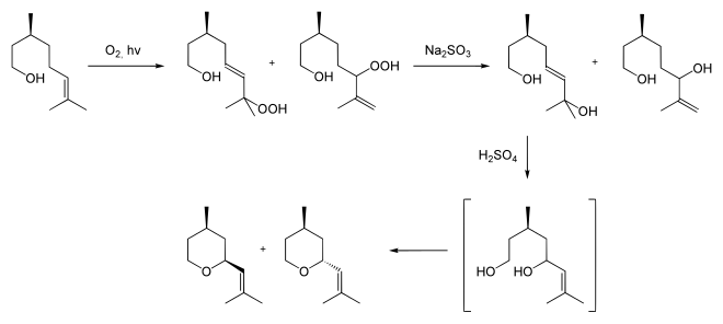 Technische Synthese von (−)-cis- bzw. (−)-trans-Rosenoxid, ausgehend von Citronellol