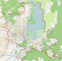 Mapa konturowa Szczecina, blisko centrum na lewo znajduje się punkt z opisem „plac Lotników”