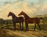 Two thoroughbreds in a wide landscape (1828) oleh Charles Hancock.