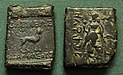 Indian coinage of Agathocles. Obv Lion with Greek legend: ΒΑΣΙΛΕΩΣ ΑΓΑΘΟΚΛΕΟΥΣ. Rev Lakshmi, with Brahmi legend Rajane Agathukleyasa "King Agathocles".