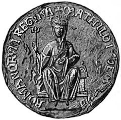 Engraving of the Empress Matilda's Great Seal. She is seated, crowned and holding a sceptre and orb.