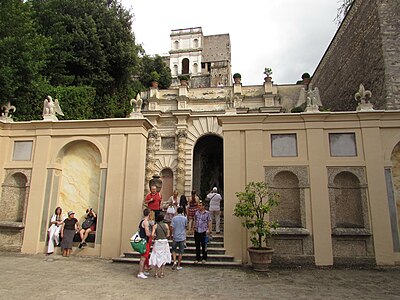 Stairway from the Fountain of the Owl up to the Fountain of Persephone, with Rometta Fountain visible above