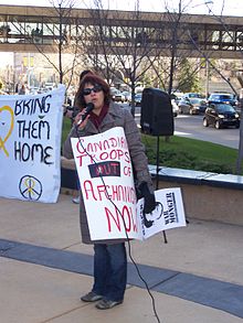 Collette Lemieux, co-chair of the Canadian Peace Alliance, speaking to an anti-war rally in Calgary she helped organize in 2007 as part of the Pan-Canadian Day of Action on Canada's military involvement in Afghanistan Collette Lemieux 06.jpg