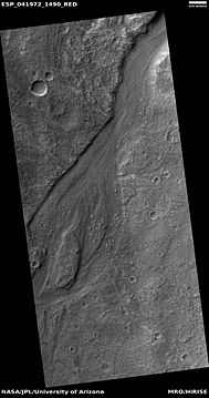 Streamlined shape in old river valley, as seen by HiRISE under HiWish program. The streamlined shape is evidence of running water.