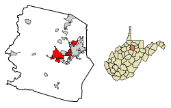 Location of Clarksburg in Harrison County, West Virginia.