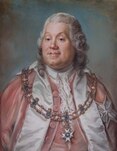 Greven och ambassadören Nils Barck iklädd ordensdräkten i ursprunglig modell från 1762, innan den ändrades 1778. Målning av Gustaf Lundberg.