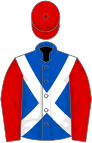 Royal blue, white cross-belts, red sleeves and cap