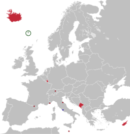 A map of Europe with Andorra, Cyprus, Iceland, Liechtenstein, Luxembourg, Malta, Montenegro, and San Marino highlighted. Faroe Islands and Vatican City are highlighted in green and blue
