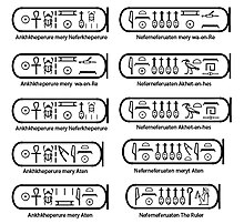 The prenomen (left column) and nomen (right column) forms for Ankhkheperure Neferneferuaten KnownNeferneferuatenNames.jpg