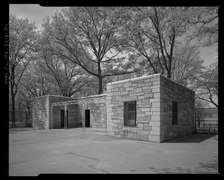 Perspective view of Ten Mile River Playground comfort station, Riverside Park at West 148th Street, riverfront level, looking southwest. - Henry Hudson Parkway, Extending 11.2 miles HAER NY-334-39.tif