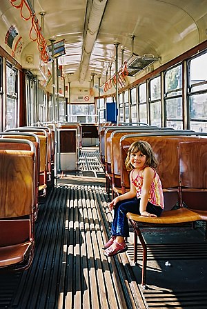 The interior of a tram, photographed in Vienna, Austria