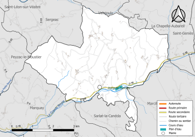 Carte en couleur présentant le réseau hydrographique de la commune