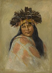 Painting of a Pomo woman with long black hair, wearing a feathered headdress and patterned poncho