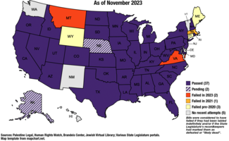 Map of the United States, with each state shaded by a color representing the status of "anti-BDS" legislation in that state. 38 states are marked purple, indicating anti-BDS legislation has passed. Nebraska and Alaska have purple and white stripes, indicating that anti-BDS legislation is currently pending. Virginia and Montana are orange, indicating anti-BDS legislation was proposed but failed in 2023. Massachusetts is yellow, indicating anti-BDS legislation failed in 2021. Maine, Connecticut, and Wyoming are pale yellow, indicating anti-BDS legislation was proposed but failed to pass prior to 2020. Hawai'i, Washington, New Mexico, Delaware, and Vermont are gray, indicating that no anti-BDSs laws have been passed and none have made it to the floor of their state legislatures in recent years.