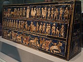 Standard of Ur; 2600–2400 BC; shell, red limestone and lapis lazuli on wood; length: 49.5 cm; from the Royal Cemetery at Ur; British Museum