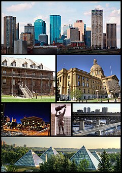 From top left: Downtown Edmonton, Fort Edmonton Park, Legislature Building, Law Courts, Rexall Place, High Level Bridge, Muttart Conservatory