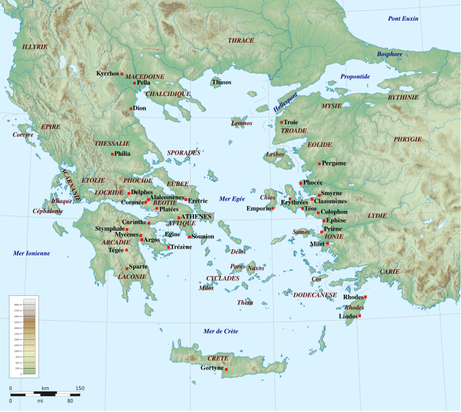 Carte de la Grèce avec localisation des sanctuaires d'Athéna et autres sites et régions mentionnés dans l'article.