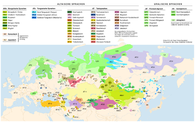 Verbreitungskarte der altaischen, der uralischen und der Turk-Sprachen