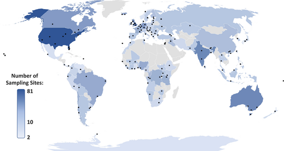 Locations of studied rivers/catchments (n = 137). Points = groups of sampling sites across respective river catchments; Shades of countries = total number of sampling sites.