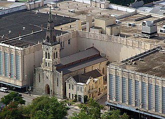 The shops were built around St. Joseph Catholic Church.