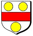 Argent, a fess gules, between three bezants