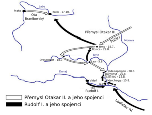 Mapa severního Rakouska a Česka dokumentující válečné operace z roku 1278. Černé a bílé šipky značí pohyby vojsk. Uvedena jsou zde jména vojevůdců, místa bitev a významných měst.