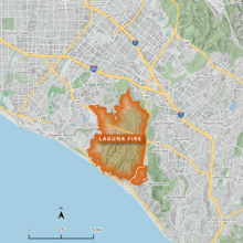 A map of the roughly rectangular fire perimeter (with several protrusions) in orange, showing surrounding communities and highways.