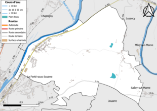 Carte en couleur présentant le réseau hydrographique de la commune