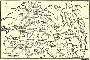 Black and yellow map of the Campaign of 1814 in 1:2,000,000 scale