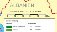 A bar scale with the nominal scale expressed as "1:600 000", meaning 1 cm on the map corresponds to 600,000 cm=6 km on the ground. Massstabsleiste.png