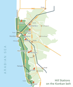 A schematic map of Konkan division in Maharashtra, showing hill stations and the roadways and railways connecting them