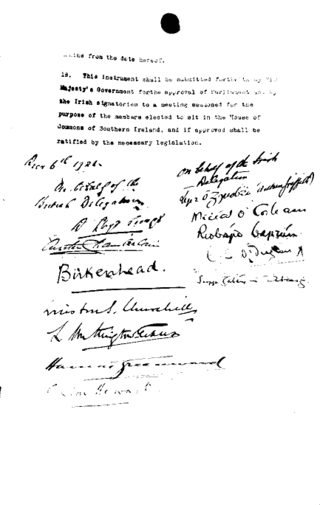 <span class="mw-page-title-main">Anglo-Irish Treaty</span> 1921 agreement which ended the Irish War of Independence