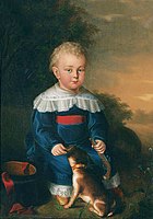 Chico alemán, mediados del siglo XVIII, con pistola de juguete, sombrero y perro.