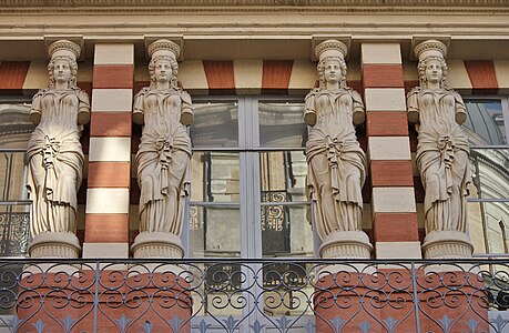 Neoclassical white terracotta caryatids of the Virebent Factory, Toulouse, France, by Auguste Virebent, 1840[27]