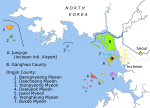 Karta över Yeonpyeong (3) och andra öar längs Sydkoreas nordvästra kust.