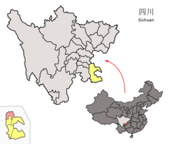 Location of Lu County (red) within Luzhou City (yellow) and Sichuan