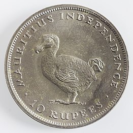 Dodo en una moneda de 10 rúpies de Maurici de 1971