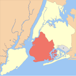 Kaart van New York wat Brooklyn in oranje aandui.