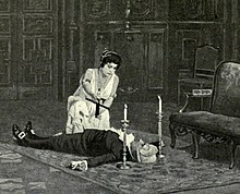 The body of a man lies supine, with a woman, crucifix in hand, kneeling over him. A candle is placed to each side of his head.