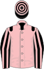 Pink, black epaulets, black and pink striped sleeves, hooped cap
