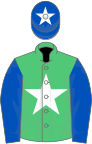 Emerald green, white star, royal blue sleeves, royal blue cap, white star